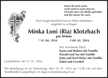 Traueranzeige von Minka Loni Klotzbach von  Bürstädter Zeitung
