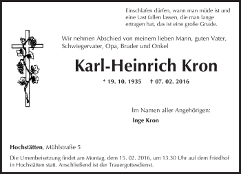 Traueranzeige von Karl-Heinrich Kron von  Allg. Zeitung Bad Kreuznach