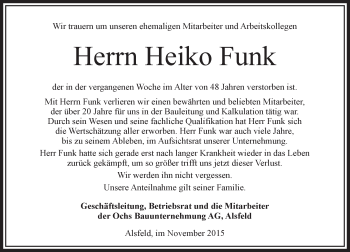 Traueranzeige von Heiko Funk von VRM Trauer