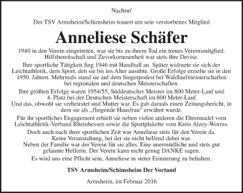 Traueranzeige von Anneliese Schäfer von  Allgemeine Zeitung Alzey