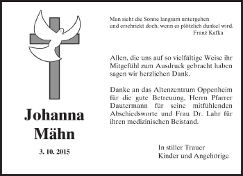Traueranzeige von Johanna Mähn von  Landskrone