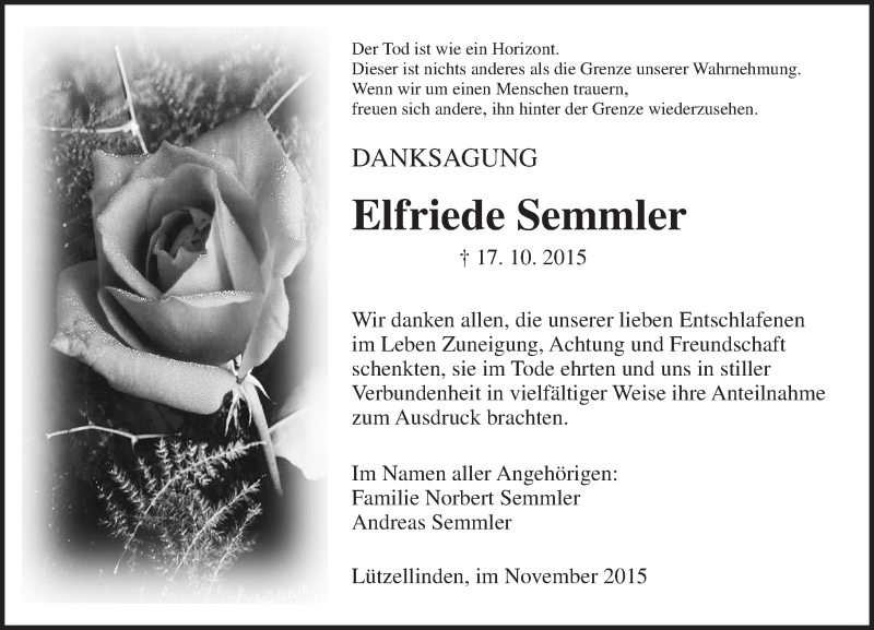  Traueranzeige für Elfriede Semmler vom 21.11.2015 aus  Gießener Anzeiger