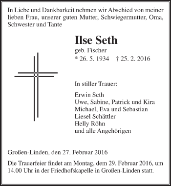 Traueranzeige von Ilse Seth von  Gießener Anzeiger