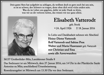 Traueranzeige von Elisabeth Vatterodt von VRM Trauer
