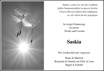Traueranzeige von Saskia Schnarr von  Kreisanzeiger