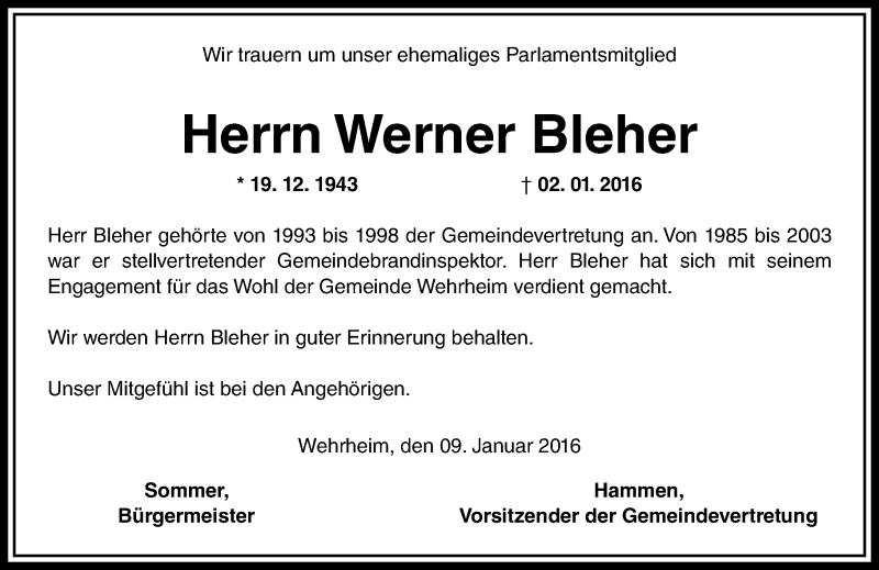  Traueranzeige für Werner Bleher vom 09.01.2016 aus  Usinger Anzeiger