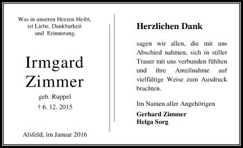 Traueranzeige von Irmgard Zimmer von  OK Oberhessen Kurier