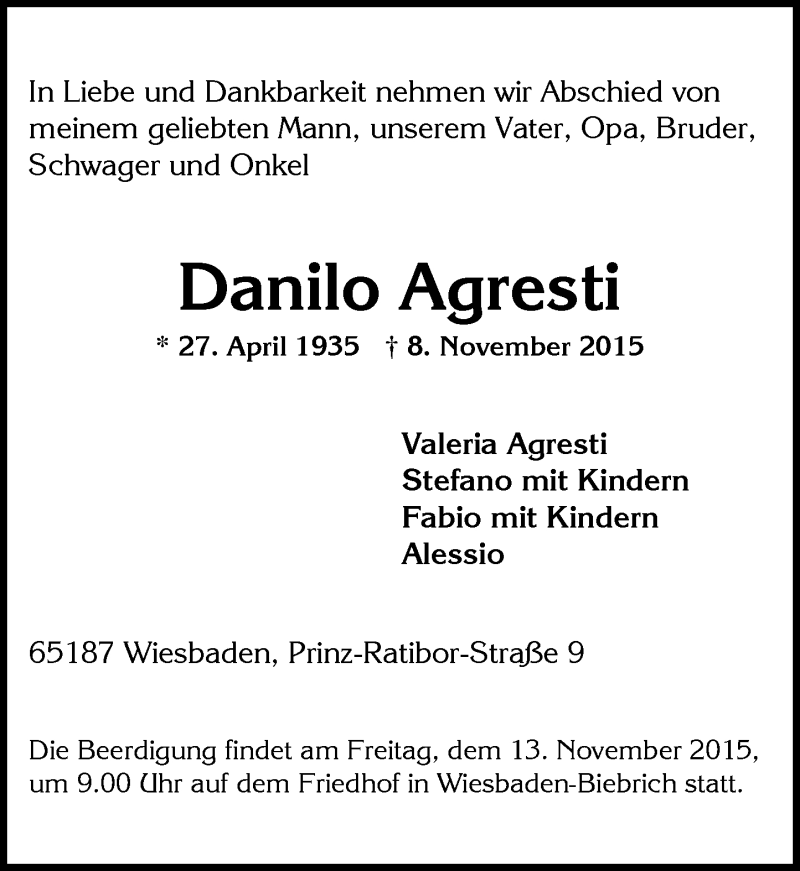  Traueranzeige für Danilo Agresti vom 11.11.2015 aus  Wiesbaden komplett