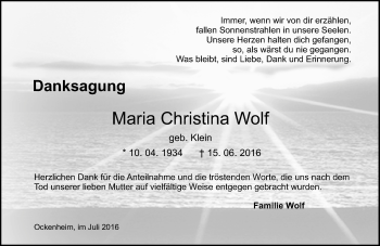 Traueranzeige von Maria Christina Wolf von Trauerportal Rhein Main Presse