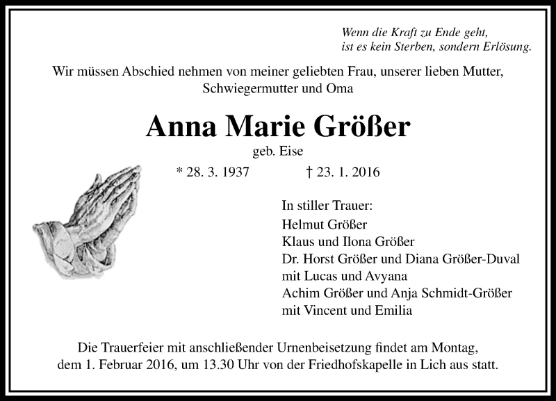  Traueranzeige für Anna Marie Größer vom 28.01.2016 aus  Gießener Anzeiger