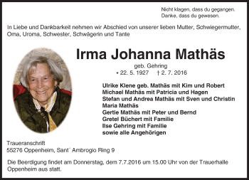 Traueranzeige von Irma Johanna Mathäs von Trauerportal Rhein Main Presse