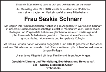 Traueranzeige von Saskia Schnarr von  Kreisanzeiger