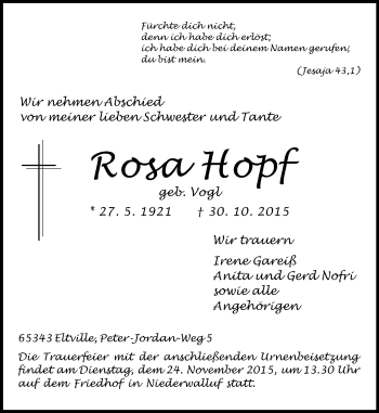 Traueranzeige von Rosa Hopf von  Wiesbaden komplett