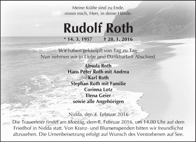  Traueranzeige für Rudolf Roth vom 04.02.2016 aus  Kreisanzeiger