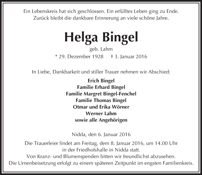  Traueranzeige für Helga Bingel vom 06.01.2016 aus  Kreisanzeiger