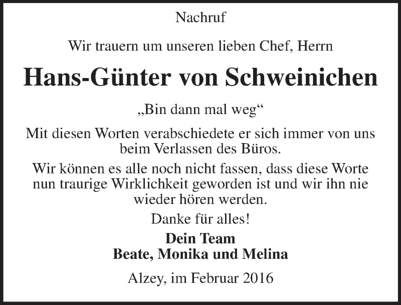  Traueranzeige für Hans-Günter von Schweinichen vom 12.02.2016 aus  Allgemeine Zeitung Alzey