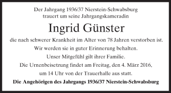 Traueranzeige von Ingrid Günster von  Landskrone
