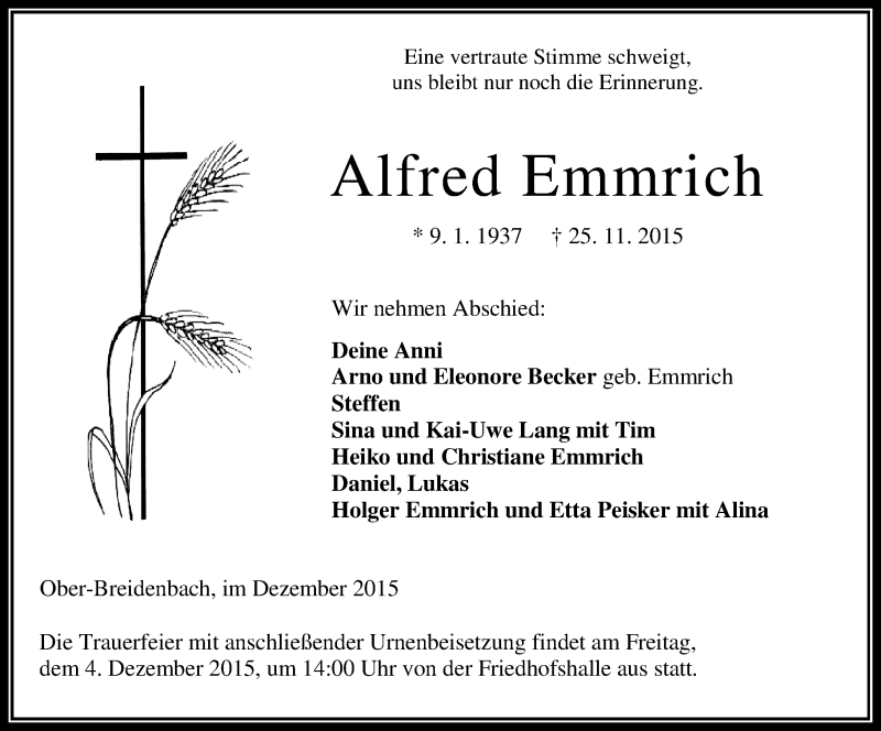  Traueranzeige für Alfred Emmrich vom 02.12.2015 aus VRM Trauer