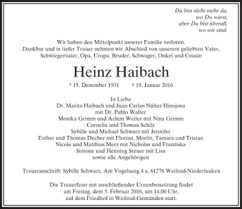 Traueranzeige von Heinz Haibach von  Usinger Anzeiger