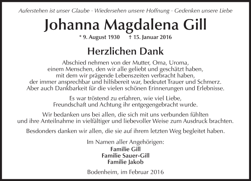  Traueranzeige für Johanna Magdalena Gill vom 17.02.2016 aus  Allgemeine Zeitung Mainz