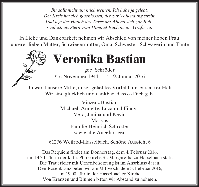  Traueranzeige für Veronika Bastian vom 28.01.2016 aus  Camberger Anzeiger
