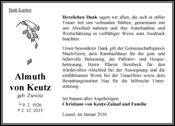 Traueranzeige von Almuth von Keutz von  OK Oberhessen Kurier
