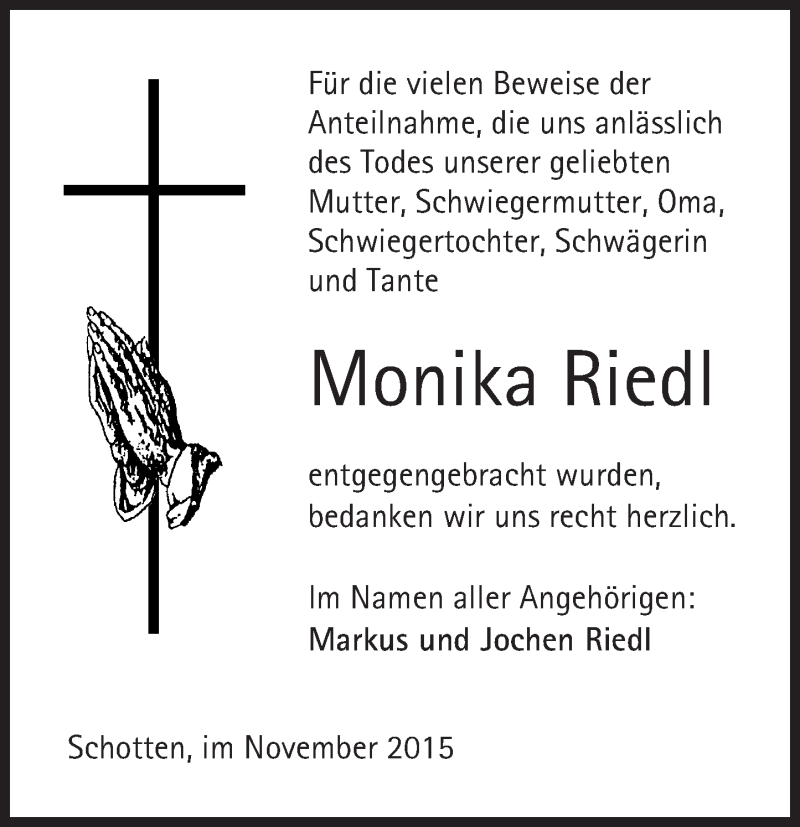  Traueranzeige für Monika Riedl vom 21.11.2015 aus  Sonntags Anzeiger