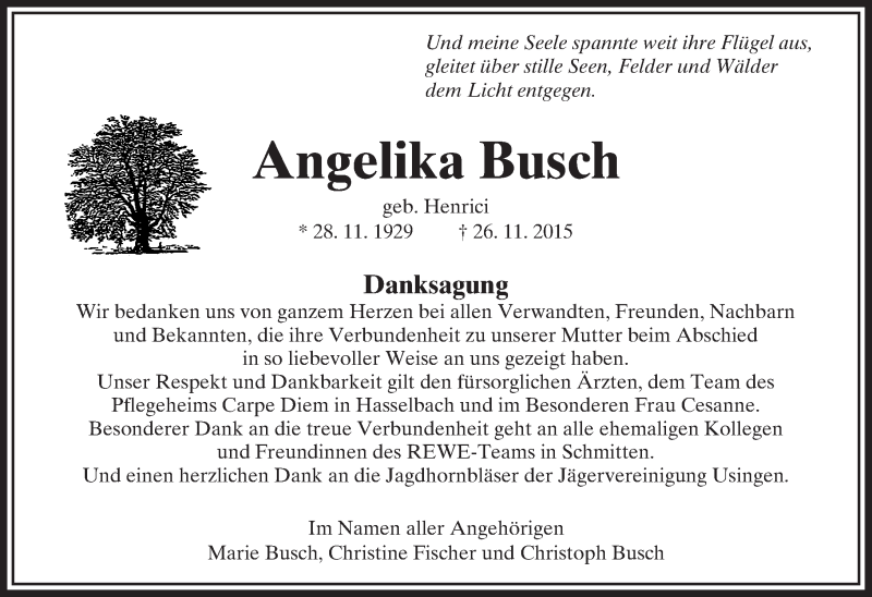  Traueranzeige für Angelika Busch vom 23.12.2015 aus  Usinger Anzeiger