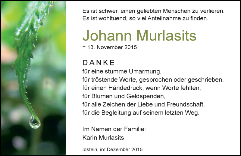  Traueranzeige für Johann Murlasits vom 05.12.2015 aus  Idsteiner Zeitung