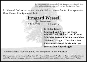 Traueranzeige von Irmgard Wessel von  Idsteiner Zeitung