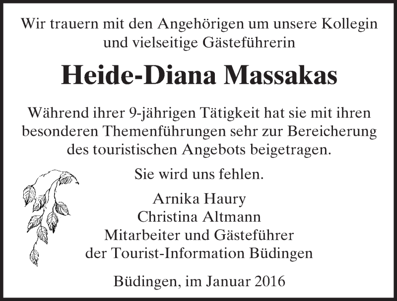  Traueranzeige für Heide-Diana Massakas vom 26.01.2016 aus  Kreisanzeiger