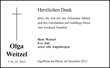 Traueranzeige von Olga Weitzel von  Allgemeine  Zeitung Ingelheim-Bingen