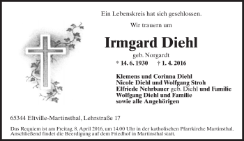 Traueranzeige von Irmgard Diehl von  Rheingau