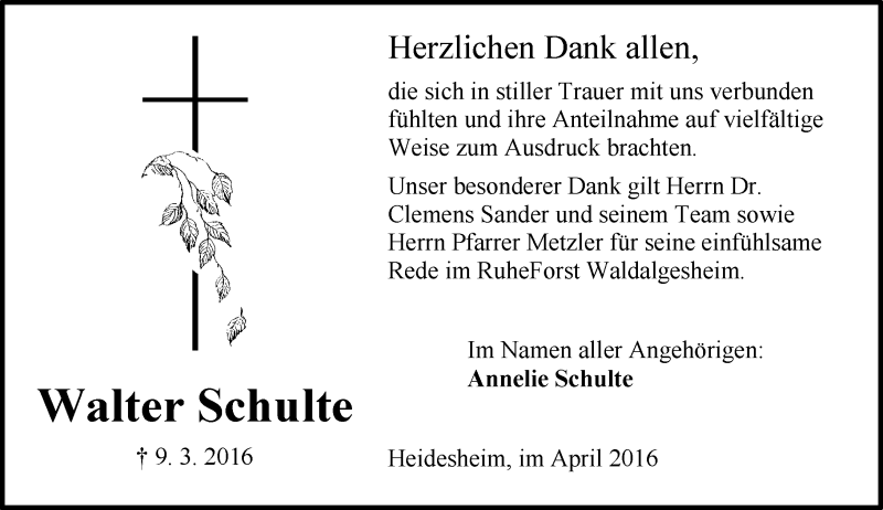  Traueranzeige für Walter Schulte vom 02.04.2016 aus  Allgemeine  Zeitung Ingelheim-Bingen