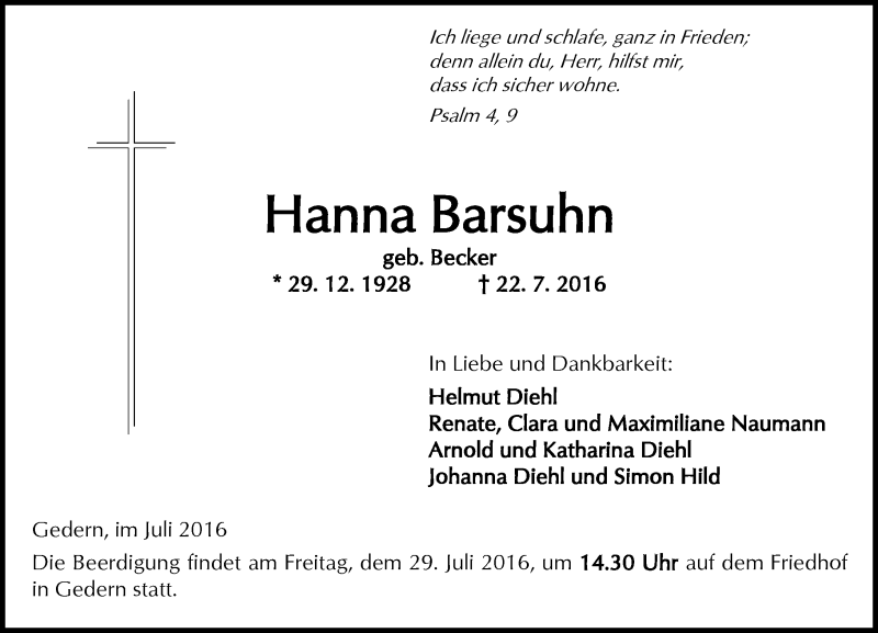  Traueranzeige für Hanna Barsuhn vom 26.07.2016 aus  Kreisanzeiger