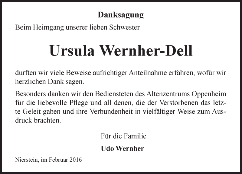  Traueranzeige für Ursula Wernher-Dell vom 02.02.2016 aus  Landskrone