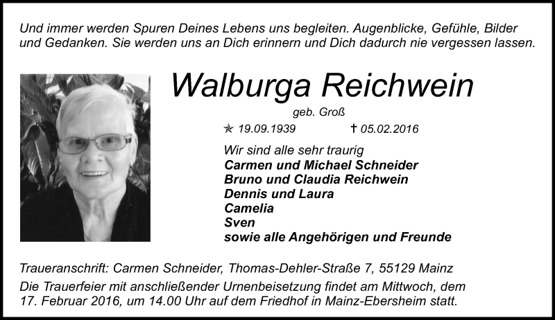  Traueranzeige für Walburga Reichwein vom 13.02.2016 aus  Allgemeine Zeitung Mainz