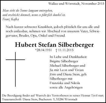 Traueranzeige von Hubert Stefan Silberberger von  Allgemeine Zeitung Alzey
