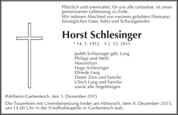 Traueranzeige von Horst Schlesinger von VRM Trauer