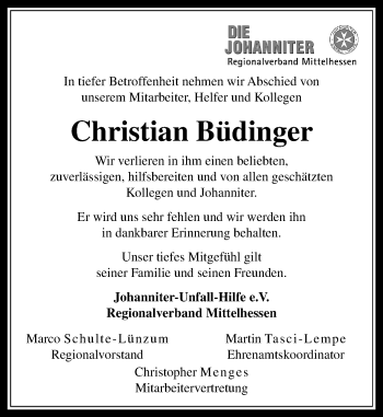 Traueranzeige von Christian Büdinger von  Gießener Anzeiger