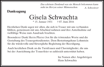 Traueranzeige von Gisela Schwachta von  Usinger Anzeiger