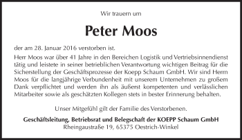 Traueranzeige von Peter Moos von trauer.rmp.de