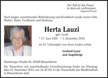 Traueranzeige von Herta Lauzi von  Mainspitze