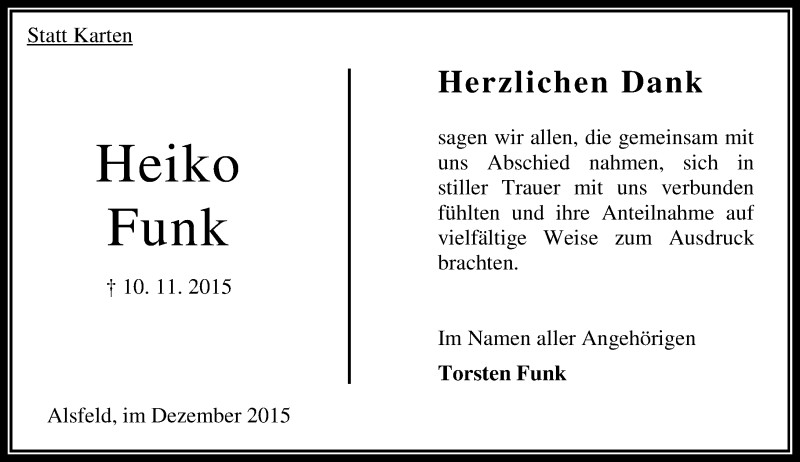  Traueranzeige für Heiko Funk vom 12.12.2015 aus VRM Trauer