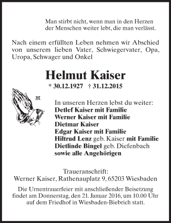 Traueranzeige von Helmut Kaiser von  Wiesbaden komplett