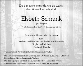 Traueranzeige von Elsbeth Schrank von  Wiesbaden komplett