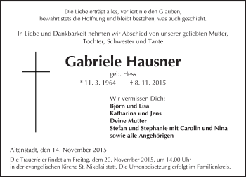 Traueranzeige von Gabriele Hausner von  Sonntags Anzeiger