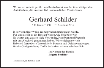 Traueranzeige von Gerhard Schilder von  WK-UTA/Aar-Bote