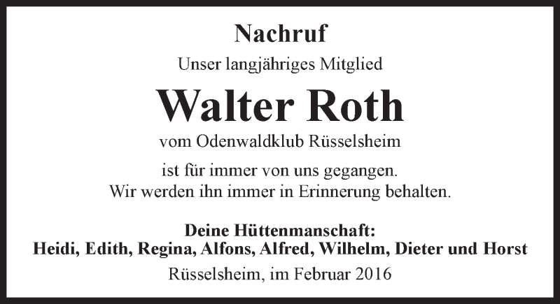  Traueranzeige für Walter Roth vom 02.02.2016 aus trauer.rmp.de
