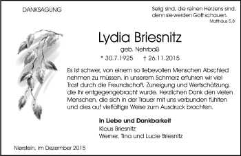 Traueranzeige von Lydia Briesnitz von  Landskrone